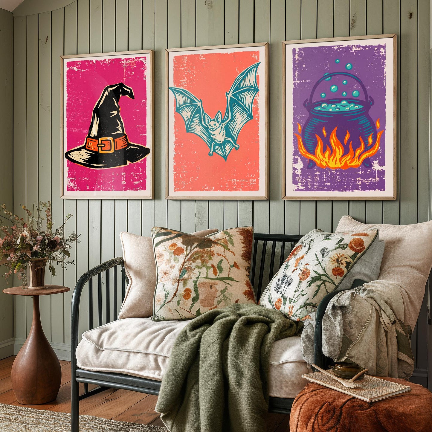 Witch Hat, Bat and Cauldron - Set of Three Linocut Illustrations - Halloween Art Prints - Trick or Treat Posters V1