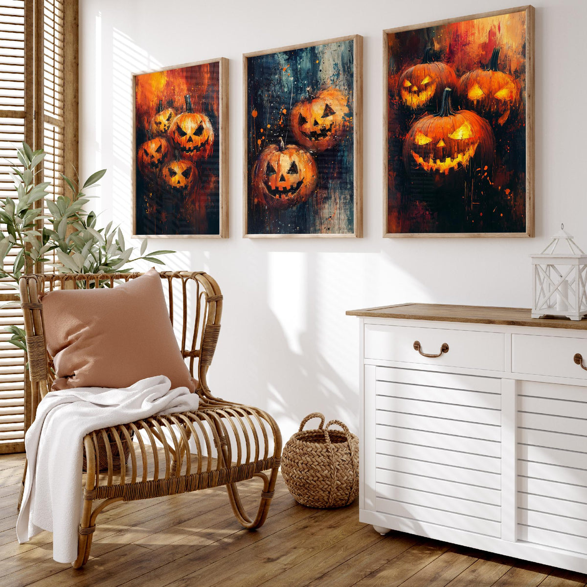 Halloween Set of Three Art Prints - 3 Jack O Lantern Pumpkin Posters - Impasto Oil Painting Wall Art Gift Spooky Autumn Fall Decor