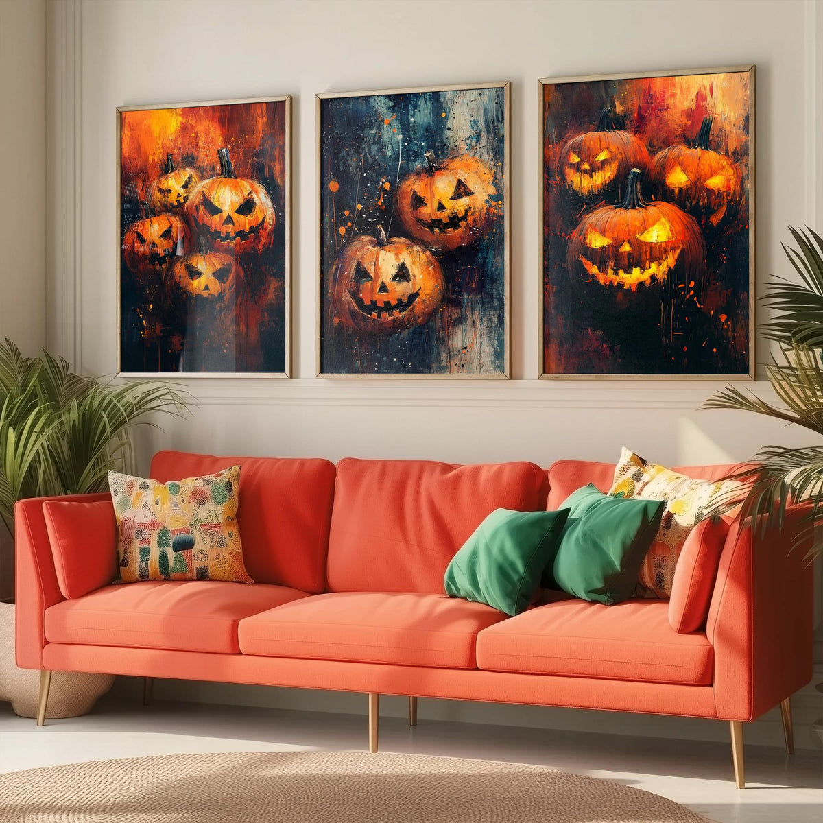 Halloween Set of Three Art Prints - 3 Jack O Lantern Pumpkin Posters - Impasto Oil Painting Wall Art Gift Spooky Autumn Fall Decor