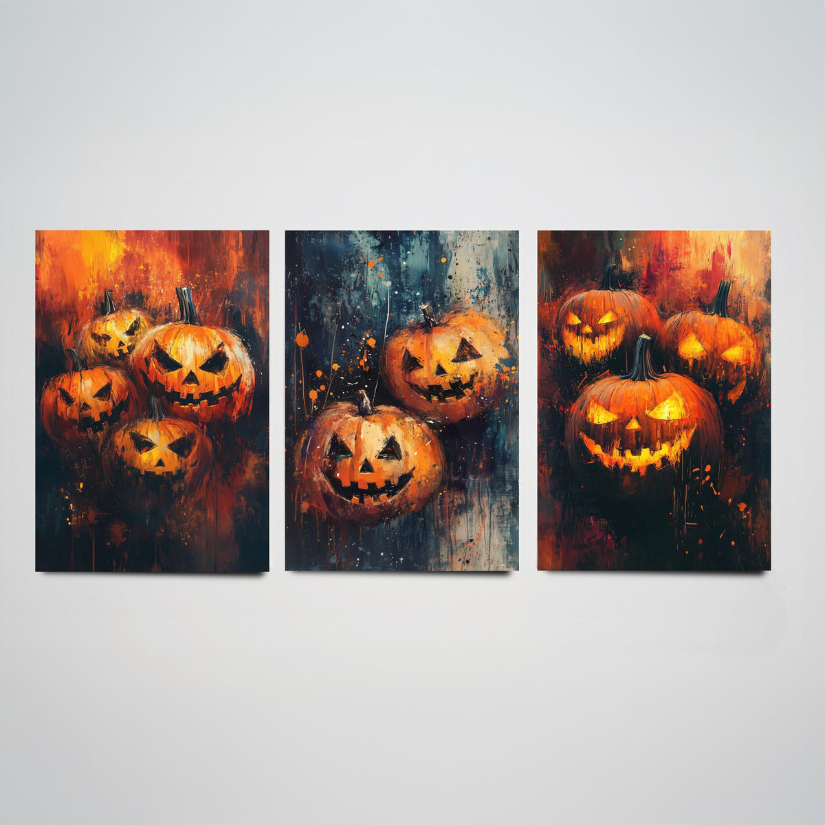 Halloween Set of Three Art Prints - 3 Jack O Lantern Pumpkin Posters - Impasto Oil Painting Wall Art Gift Spooky Autumn Fall Decor