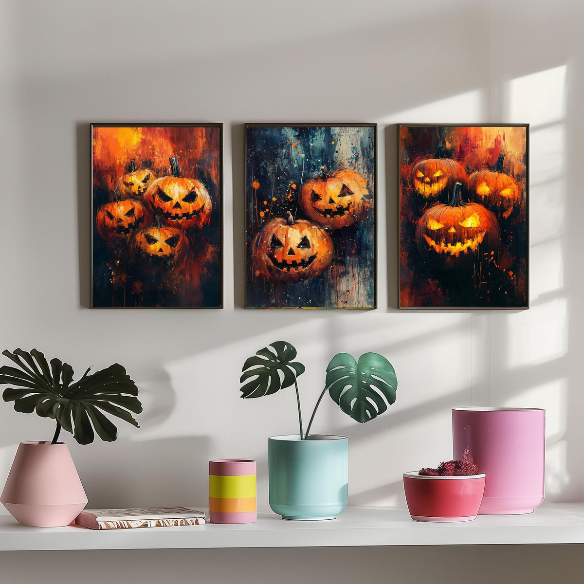 Halloween Set of Three Art Prints - 3 Jack O Lantern Pumpkin Posters - Impasto Oil Painting Wall Art Gift Spooky Autumn Fall Decor