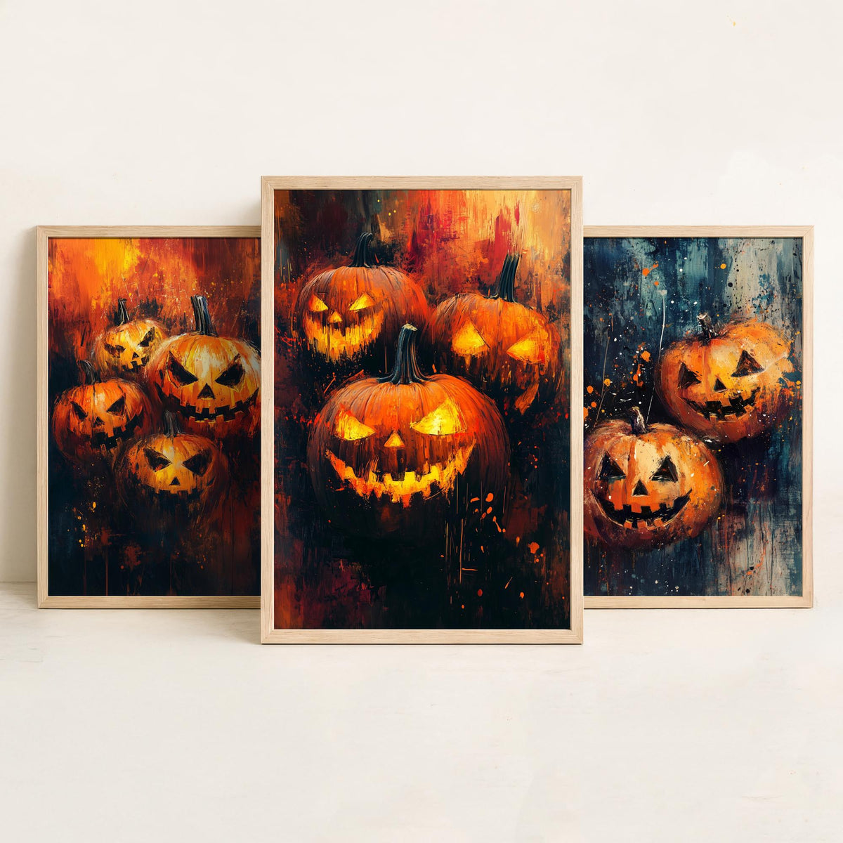 Halloween Set of Three Art Prints - 3 Jack O Lantern Pumpkin Posters - Impasto Oil Painting Wall Art Gift Spooky Autumn Fall Decor