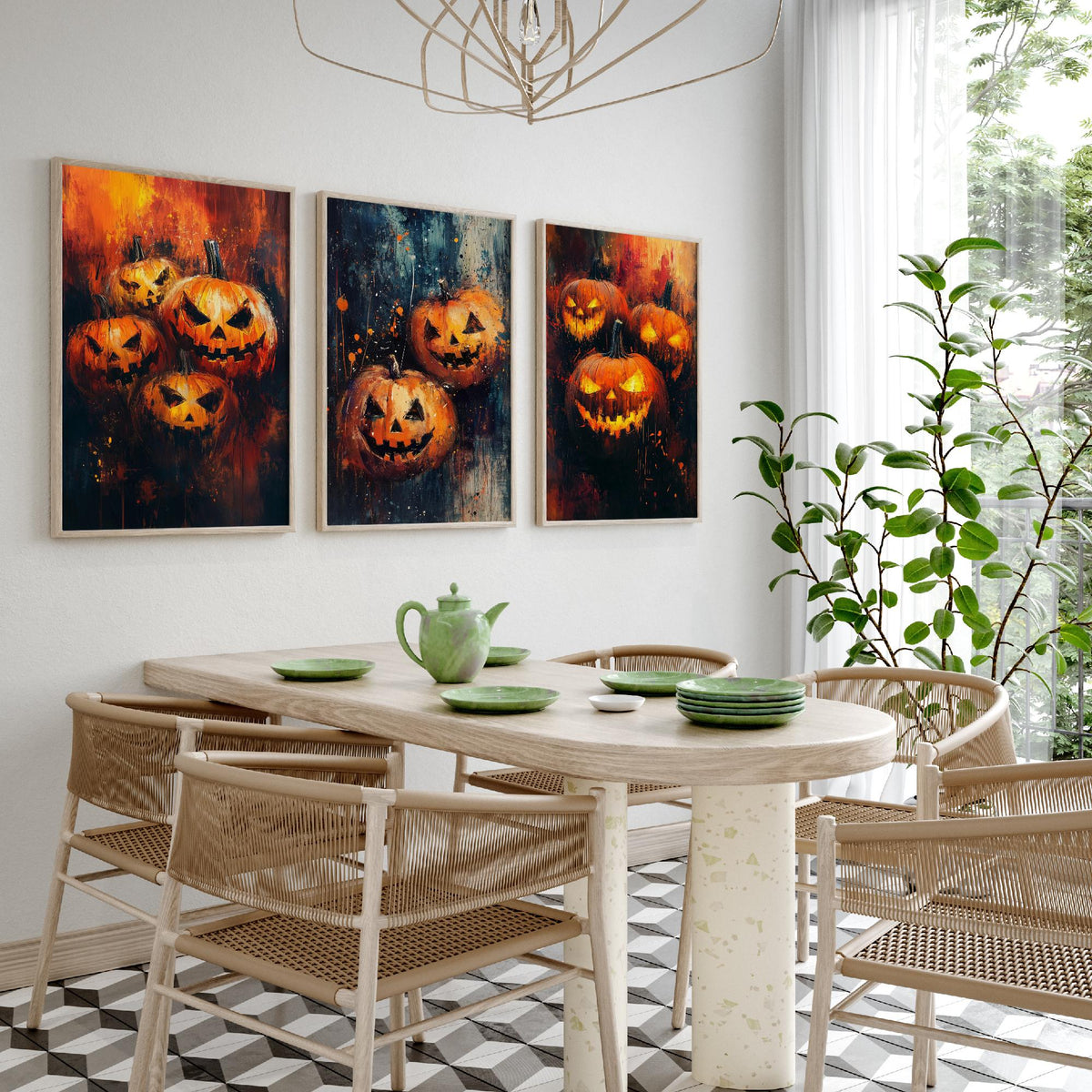 Halloween Set of Three Art Prints - 3 Jack O Lantern Pumpkin Posters - Impasto Oil Painting Wall Art Gift Spooky Autumn Fall Decor