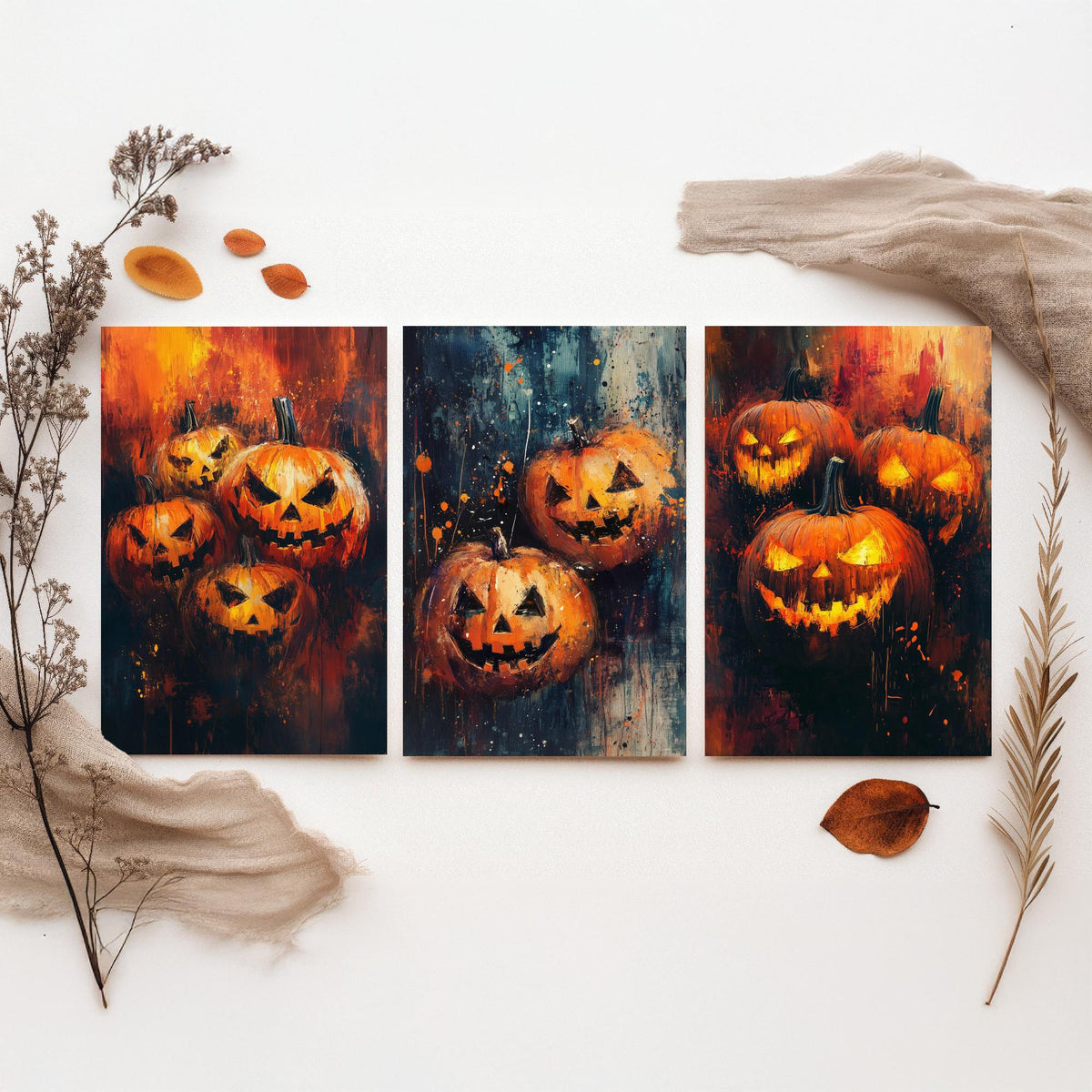 Halloween Set of Three Art Prints - 3 Jack O Lantern Pumpkin Posters - Impasto Oil Painting Wall Art Gift Spooky Autumn Fall Decor