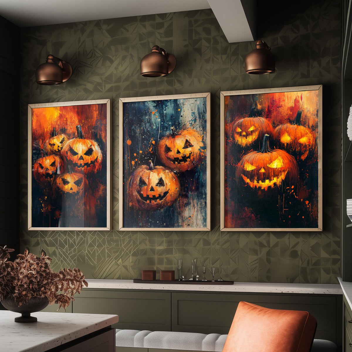 Halloween Set of Three Art Prints - 3 Jack O Lantern Pumpkin Posters - Impasto Oil Painting Wall Art Gift Spooky Autumn Fall Decor