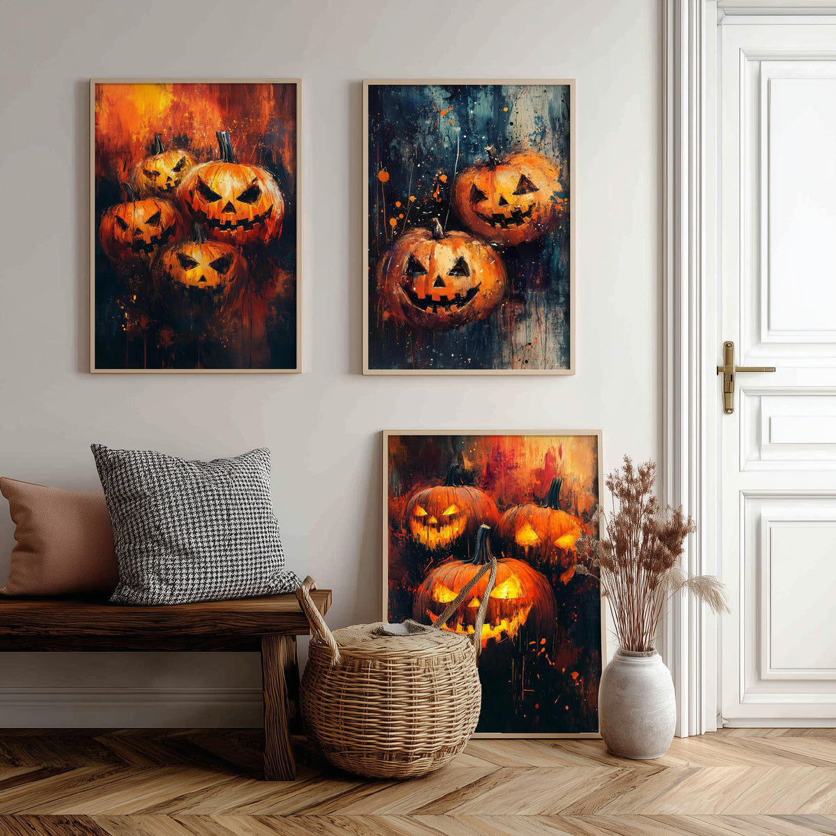 Halloween Set of Three Art Prints - 3 Jack O Lantern Pumpkin Posters - Impasto Oil Painting Wall Art Gift Spooky Autumn Fall Decor