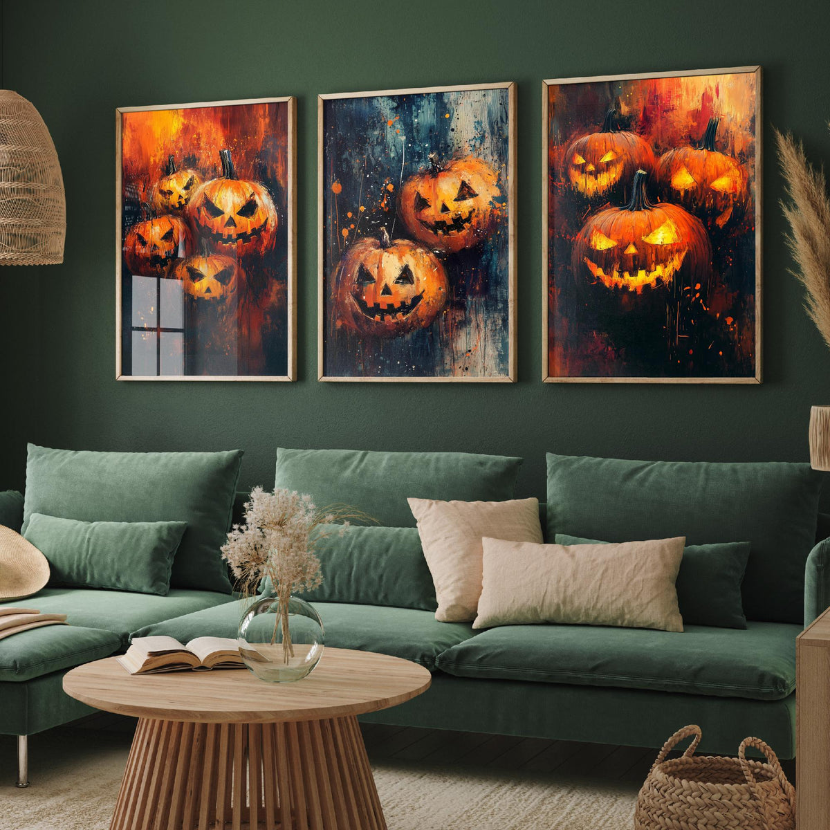 Halloween Set of Three Art Prints - 3 Jack O Lantern Pumpkin Posters - Impasto Oil Painting Wall Art Gift Spooky Autumn Fall Decor
