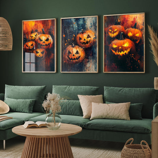 Halloween Set of Three Art Prints - 3 Jack O Lantern Pumpkin Posters - Impasto Oil Painting Wall Art Gift Spooky Autumn Fall Decor