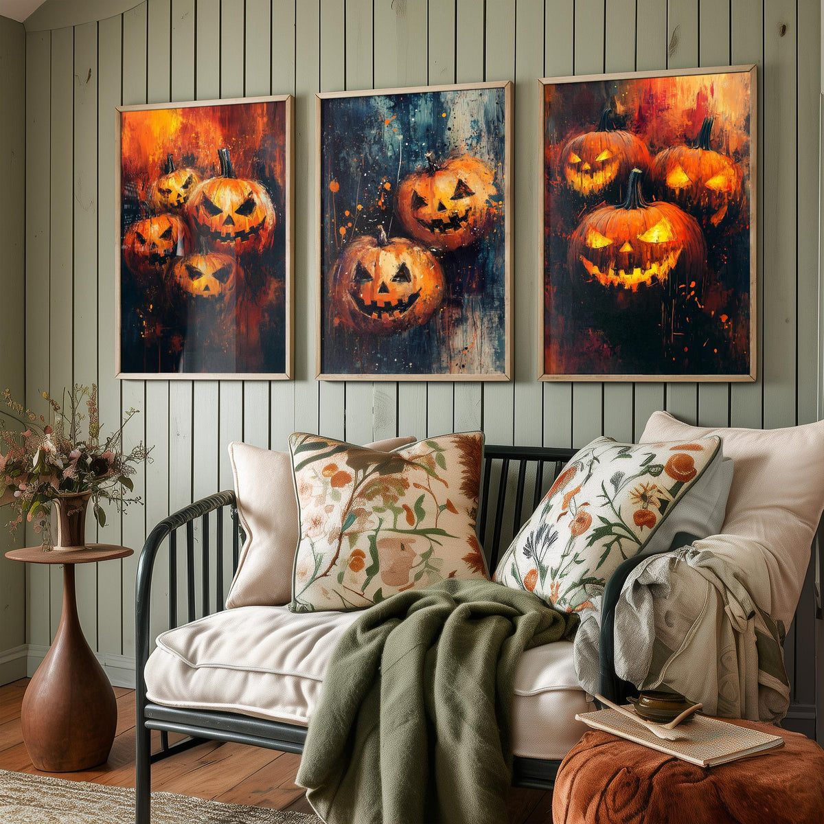 Halloween Set of Three Art Prints - 3 Jack O Lantern Pumpkin Posters - Impasto Oil Painting Wall Art Gift Spooky Autumn Fall Decor