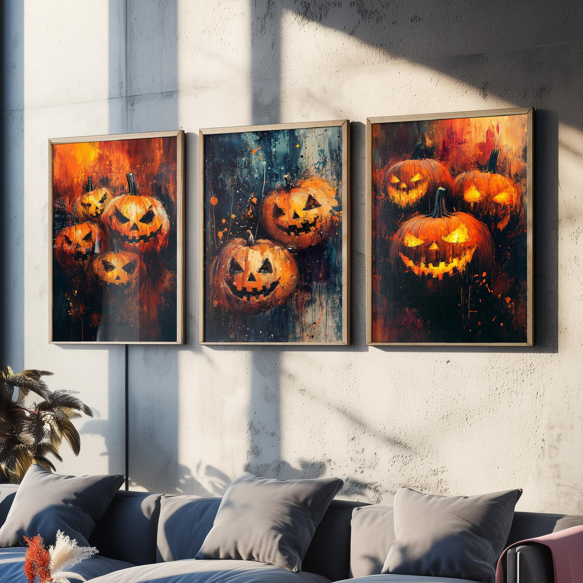 Halloween Set of Three Art Prints - 3 Jack O Lantern Pumpkin Posters - Impasto Oil Painting Wall Art Gift Spooky Autumn Fall Decor