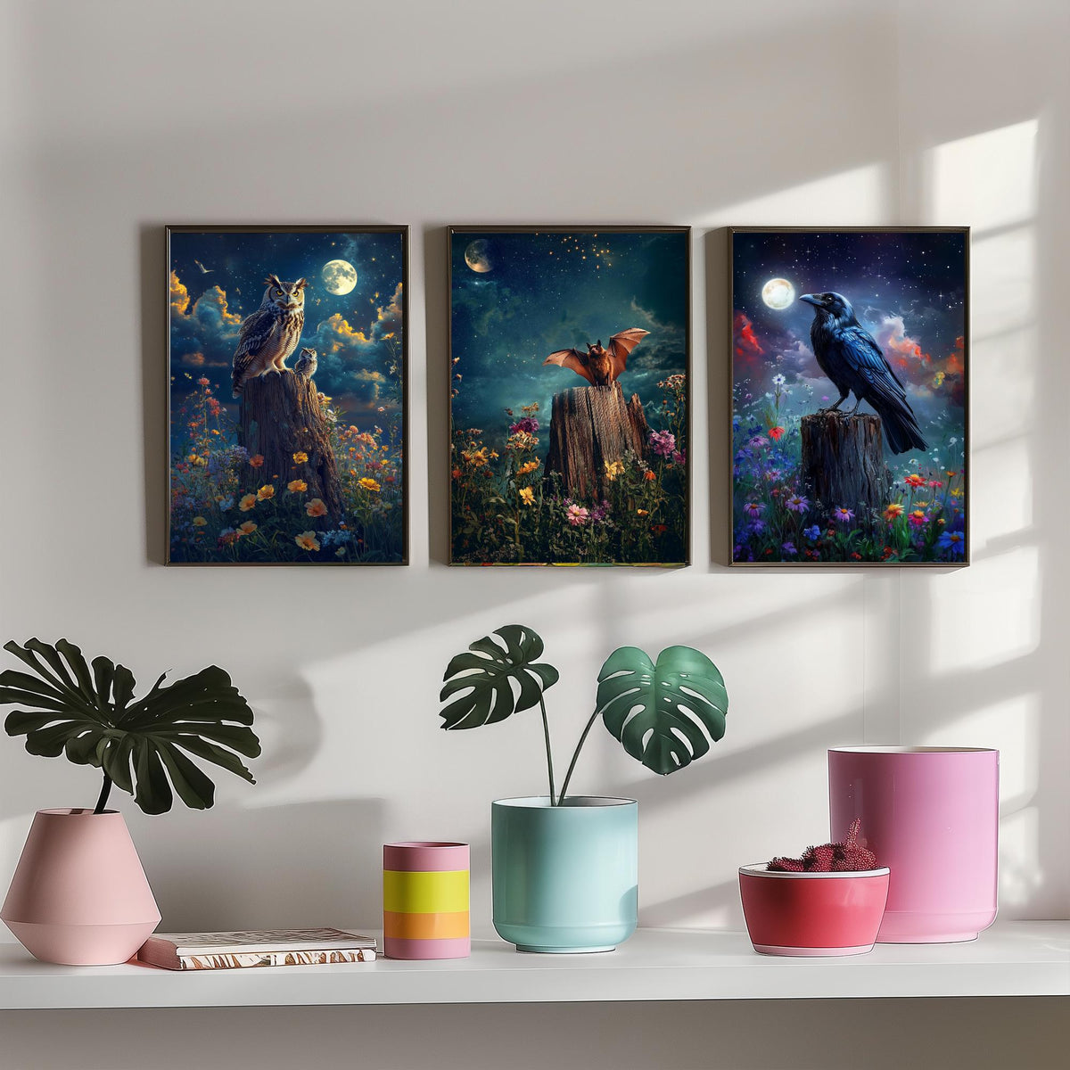 Halloween Set of Three Art Prints - 3 Owl Bat Raven Posters - Moonlit Fantasy Wall Art Gift Gothic Nocturnal Bird Night Digital Art