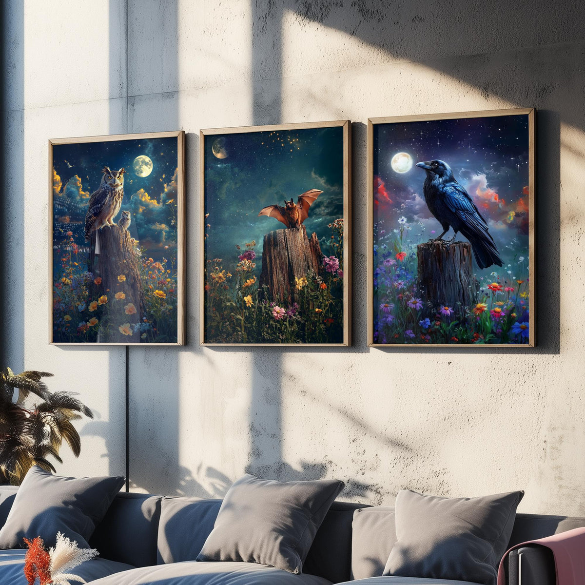 Halloween Set of Three Art Prints - 3 Owl Bat Raven Posters - Moonlit Fantasy Wall Art Gift Gothic Nocturnal Bird Night Digital Art