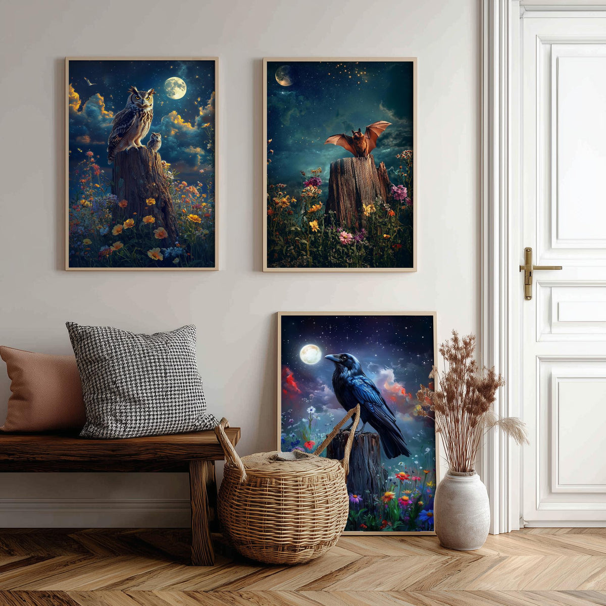 Halloween Set of Three Art Prints - 3 Owl Bat Raven Posters - Moonlit Fantasy Wall Art Gift Gothic Nocturnal Bird Night Digital Art