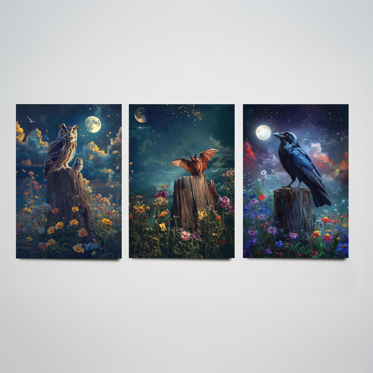 Halloween Set of Three Art Prints - 3 Owl Bat Raven Posters - Moonlit Fantasy Wall Art Gift Gothic Nocturnal Bird Night Digital Art