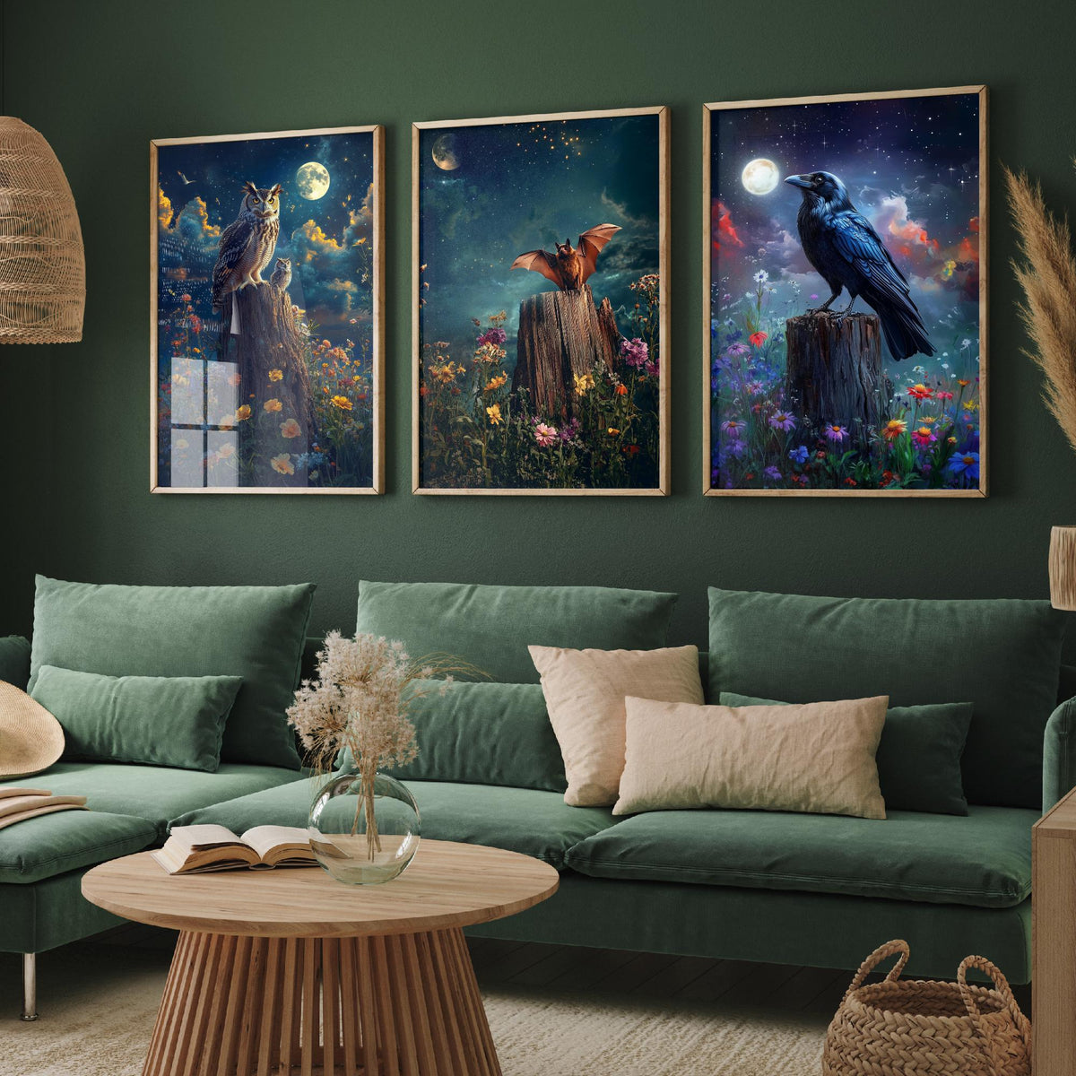Halloween Set of Three Art Prints - 3 Owl Bat Raven Posters - Moonlit Fantasy Wall Art Gift Gothic Nocturnal Bird Night Digital Art