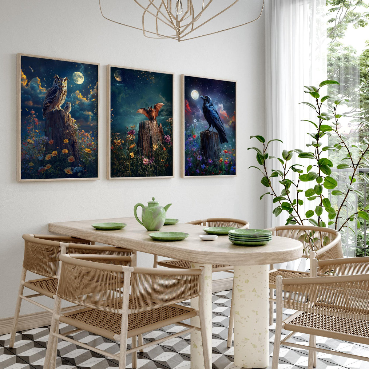 Halloween Set of Three Art Prints - 3 Owl Bat Raven Posters - Moonlit Fantasy Wall Art Gift Gothic Nocturnal Bird Night Digital Art