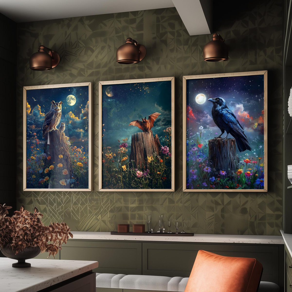 Halloween Set of Three Art Prints - 3 Owl Bat Raven Posters - Moonlit Fantasy Wall Art Gift Gothic Nocturnal Bird Night Digital Art