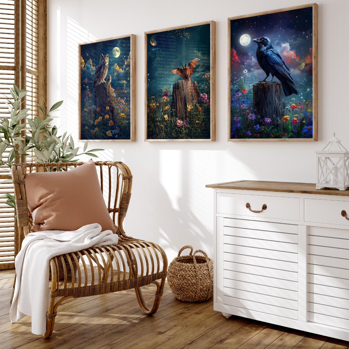 Halloween Set of Three Art Prints - 3 Owl Bat Raven Posters - Moonlit Fantasy Wall Art Gift Gothic Nocturnal Bird Night Digital Art