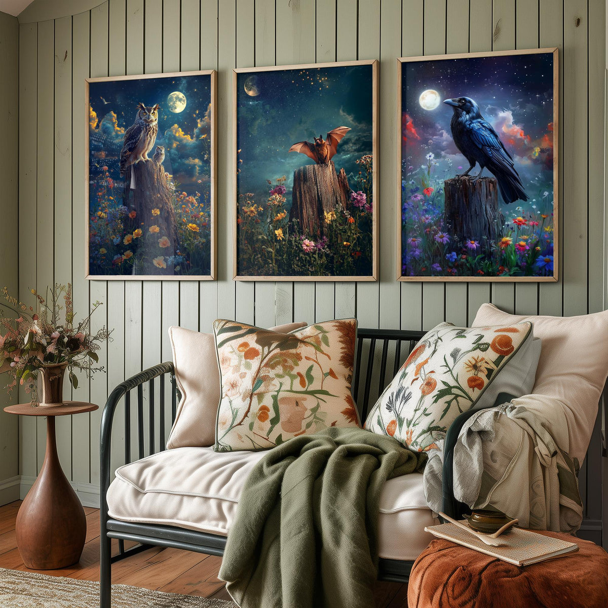 Halloween Set of Three Art Prints - 3 Owl Bat Raven Posters - Moonlit Fantasy Wall Art Gift Gothic Nocturnal Bird Night Digital Art