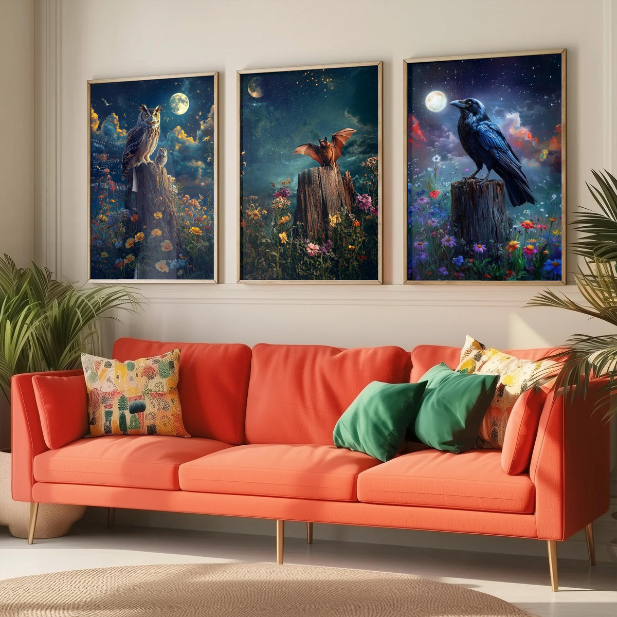 Halloween Set of Three Art Prints - 3 Owl Bat Raven Posters - Moonlit Fantasy Wall Art Gift Gothic Nocturnal Bird Night Digital Art