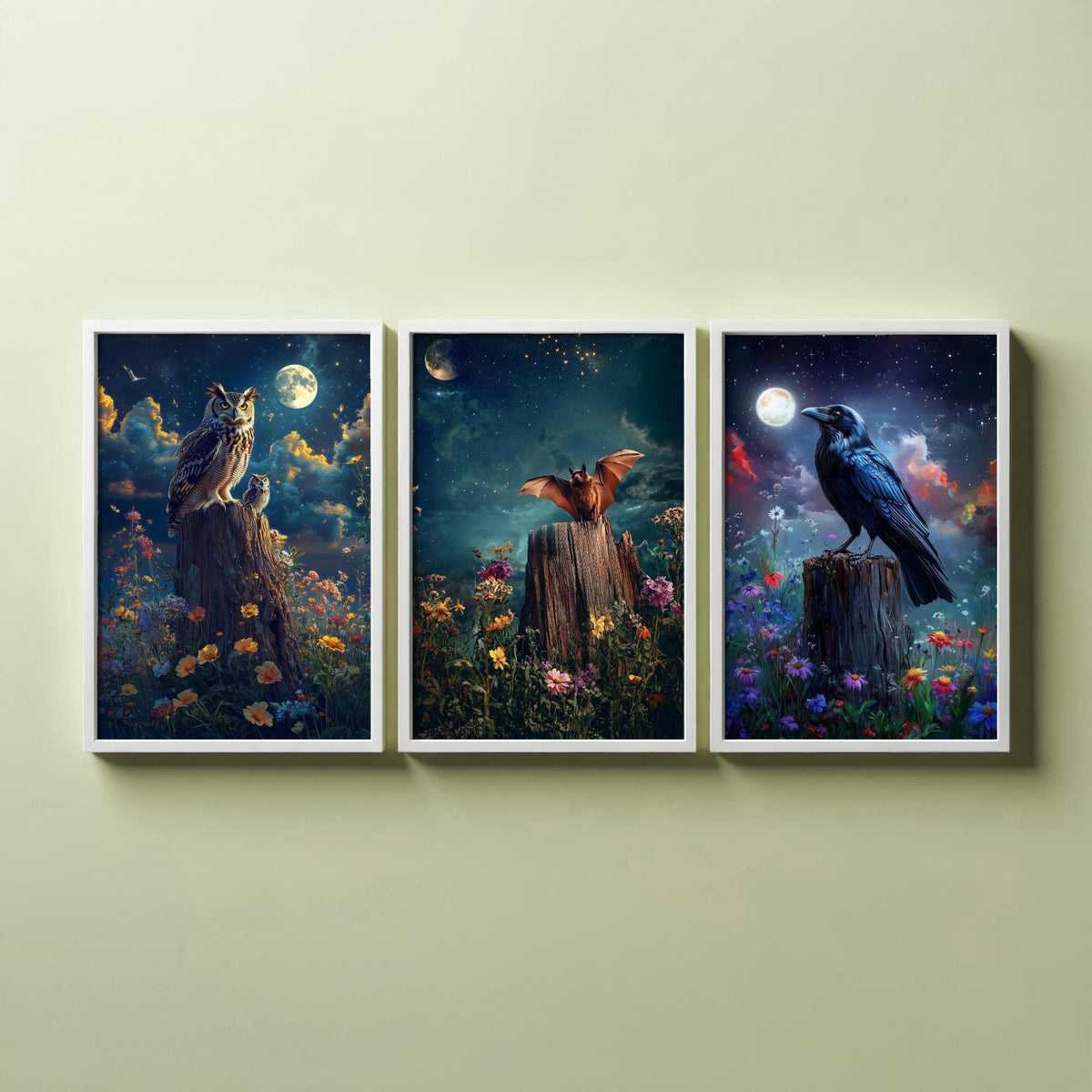 Halloween Set of Three Art Prints - 3 Owl Bat Raven Posters - Moonlit Fantasy Wall Art Gift Gothic Nocturnal Bird Night Digital Art