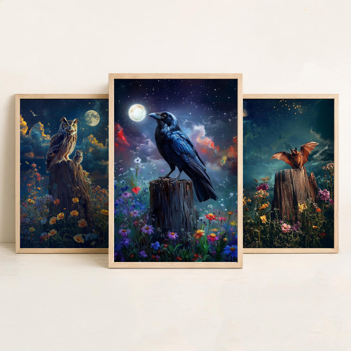 Halloween Set of Three Art Prints - 3 Owl Bat Raven Posters - Moonlit Fantasy Wall Art Gift Gothic Nocturnal Bird Night Digital Art