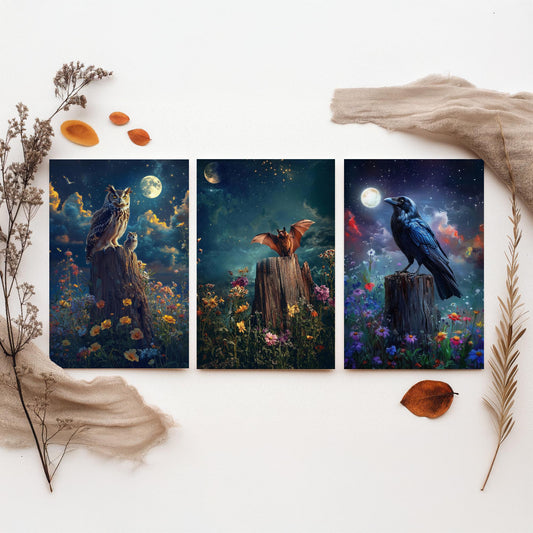 Halloween Set of Three Art Prints - 3 Owl Bat Raven Posters - Moonlit Fantasy Wall Art Gift Gothic Nocturnal Bird Night Digital Art