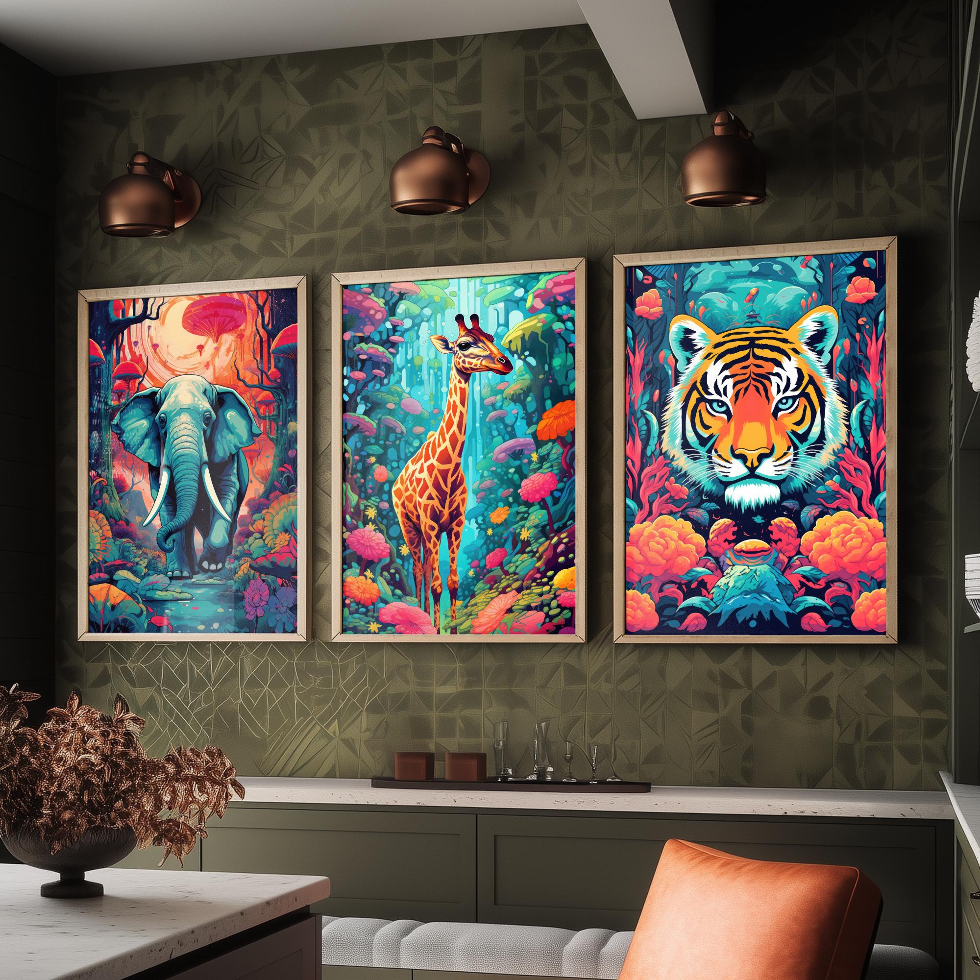 Psychedelic Elephant, Giraffe and Tiger Jungle Set of Three – Quote Artisan
