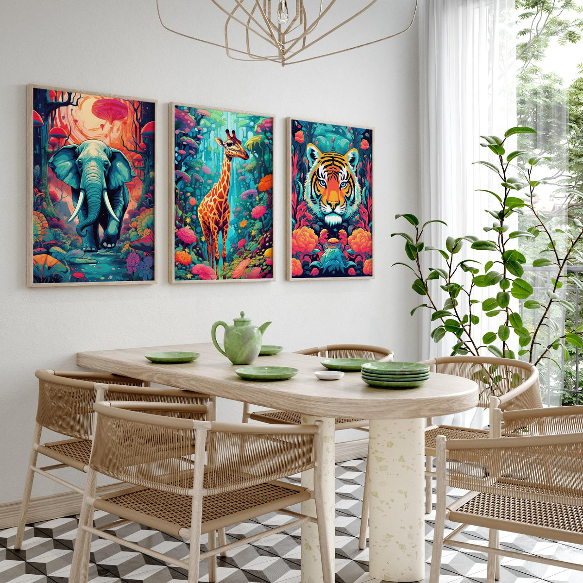 Psychedelic Animals Set of Three Art Prints - Elephant, Giraffe, Tiger - Neon Jungle Pop Poster Illustration