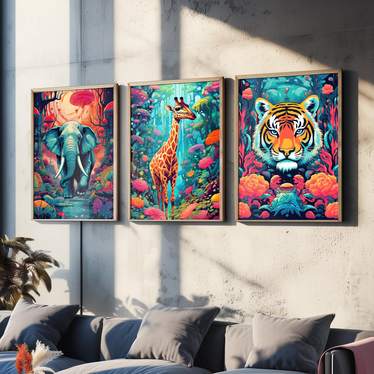 Psychedelic Animals Set of Three Art Prints - Elephant, Giraffe, Tiger - Neon Jungle Pop Poster Illustration
