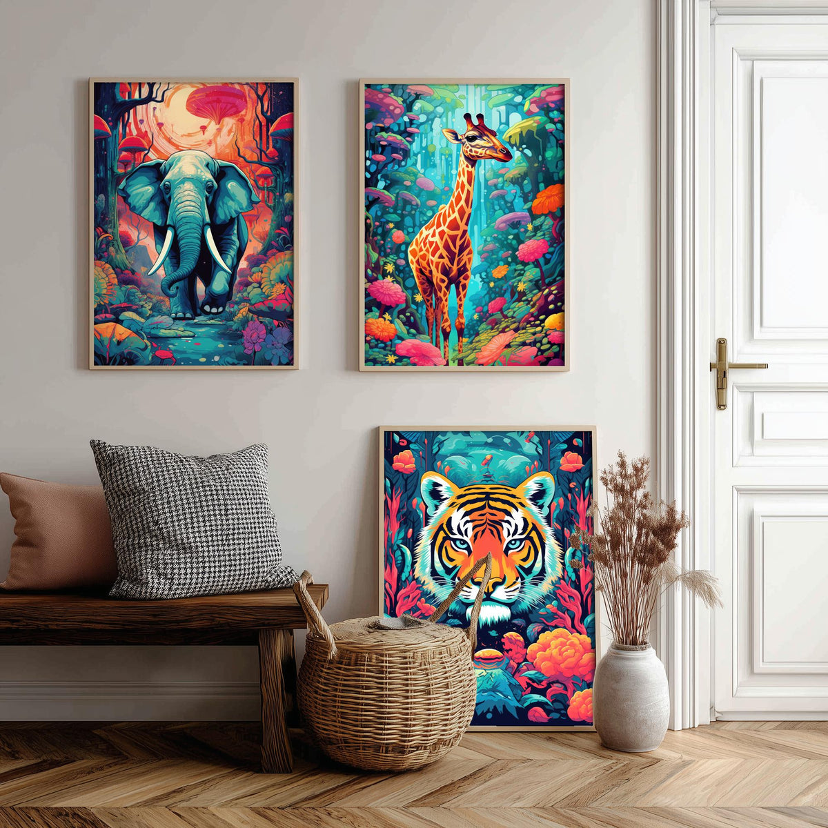 Psychedelic Animals Set of Three Art Prints - Elephant, Giraffe, Tiger - Neon Jungle Pop Poster Illustration