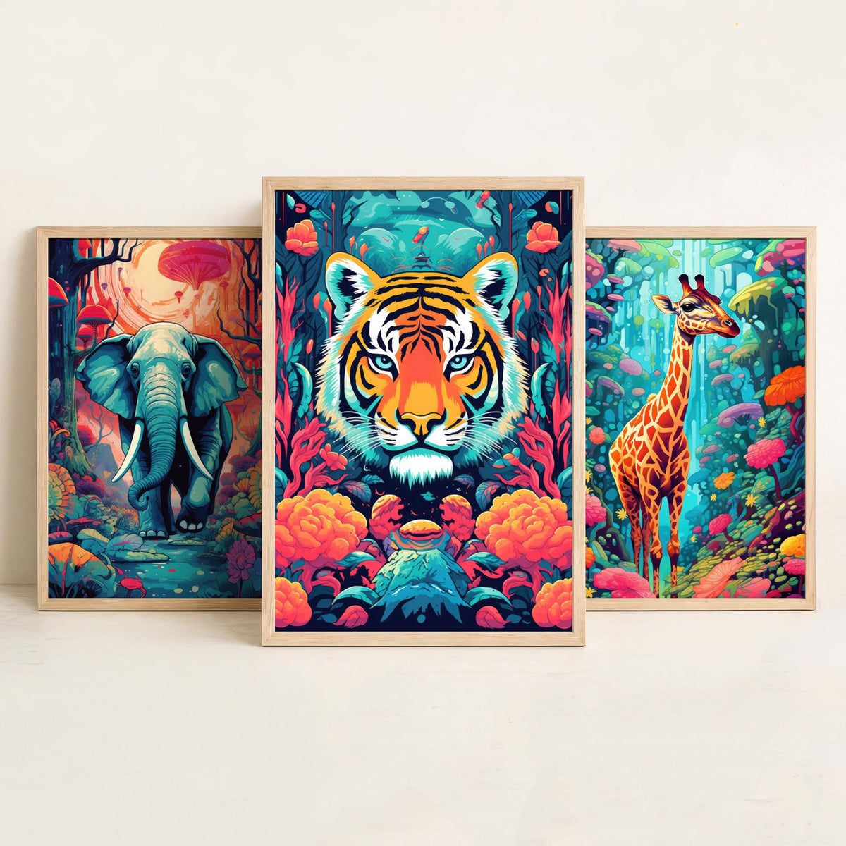 Psychedelic Animals Set of Three Art Prints - Elephant, Giraffe, Tiger - Neon Jungle Pop Poster Illustration