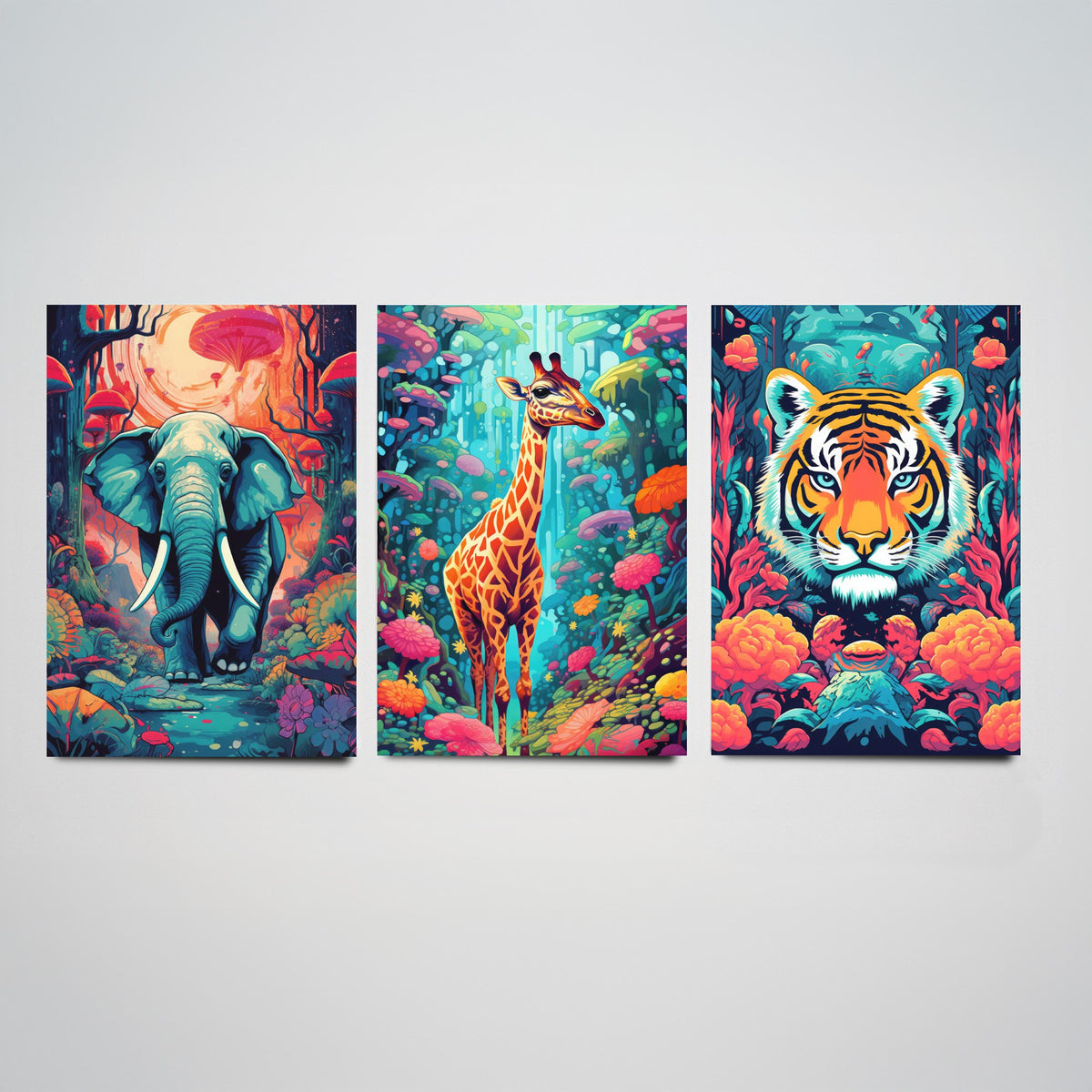 Psychedelic Animals Set of Three Art Prints - Elephant, Giraffe, Tiger - Neon Jungle Pop Poster Illustration