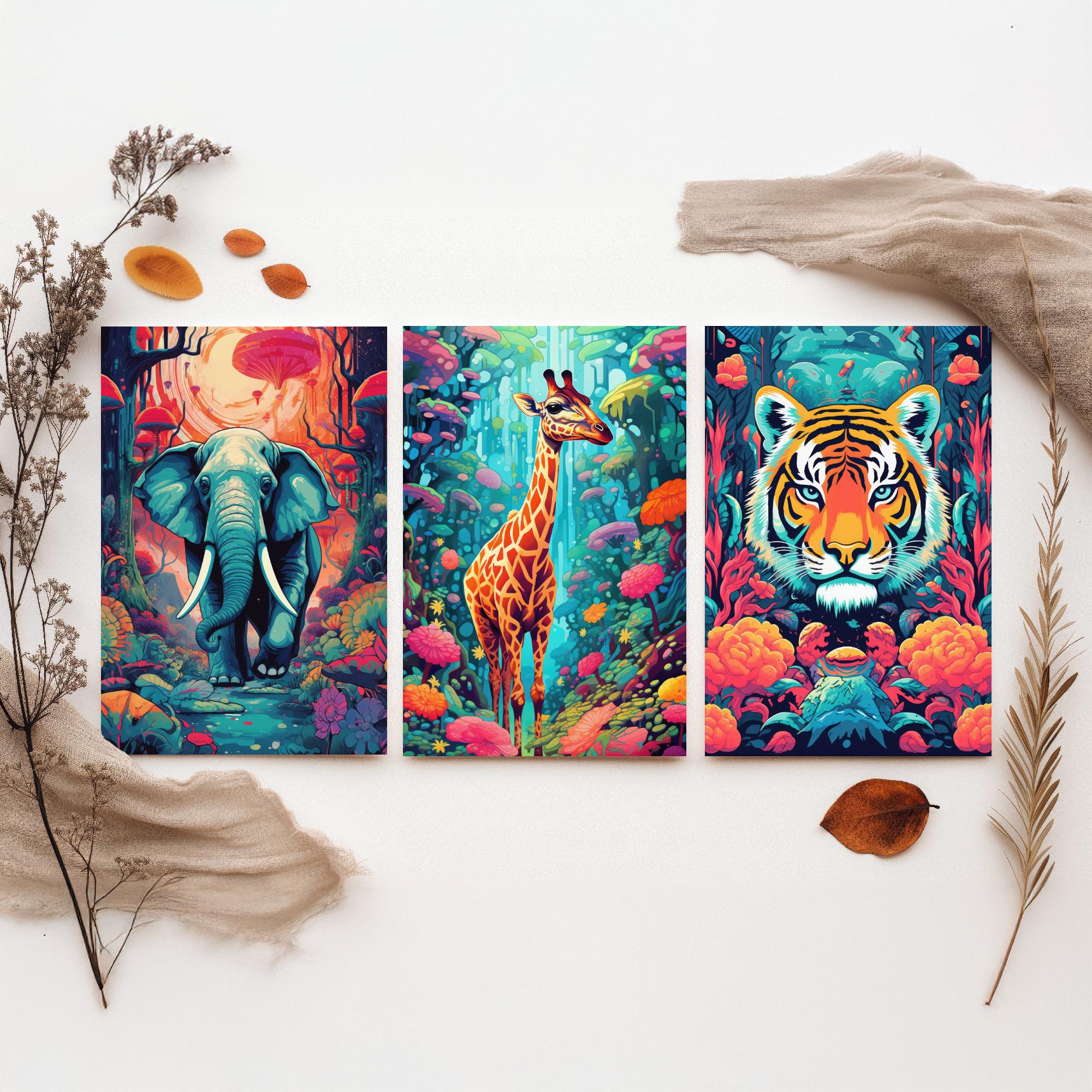 Psychedelic Elephant, Giraffe and Tiger Jungle Set of Three – Quote Artisan