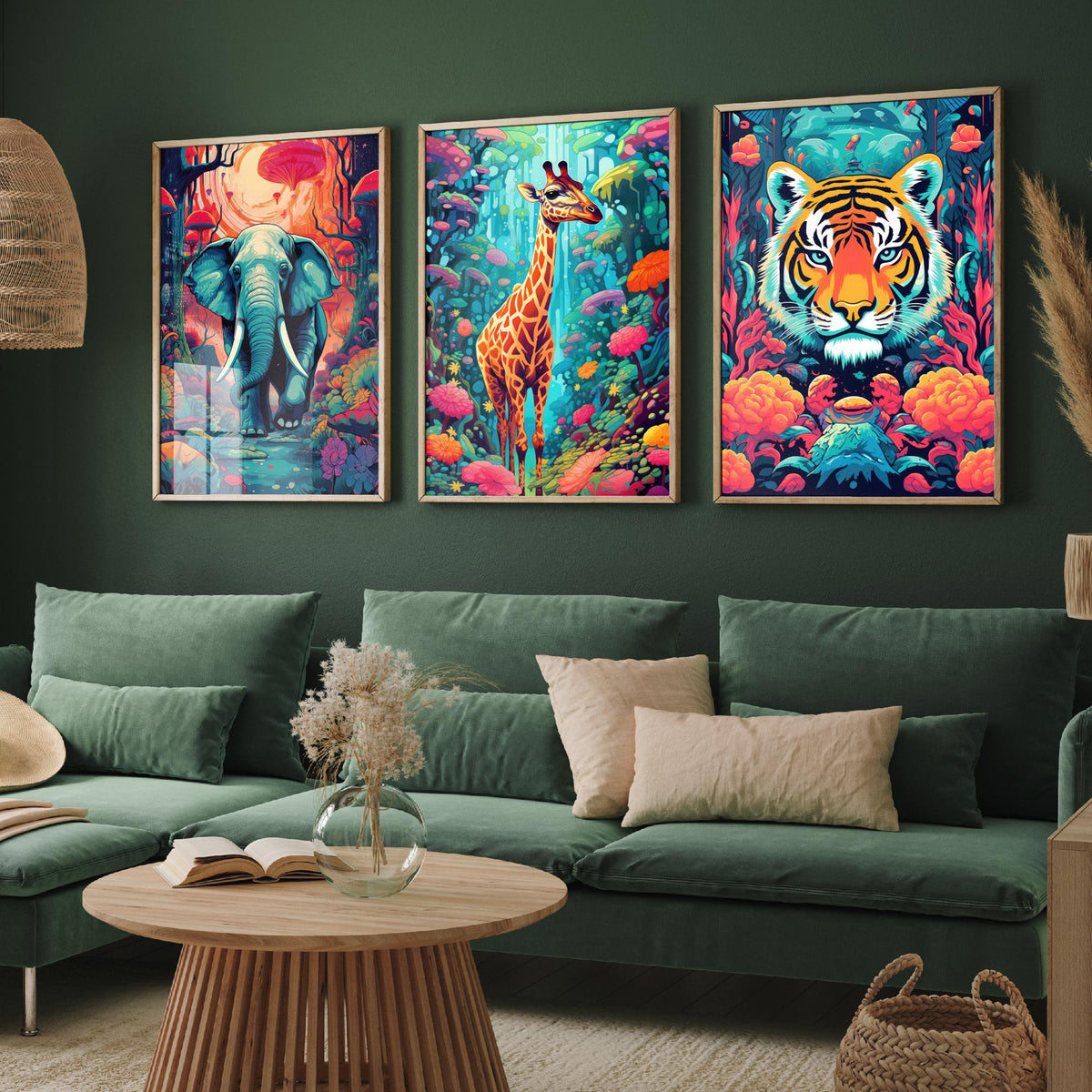 Psychedelic Animals Set of Three Art Prints - Elephant, Giraffe, Tiger - Neon Jungle Pop Poster Illustration
