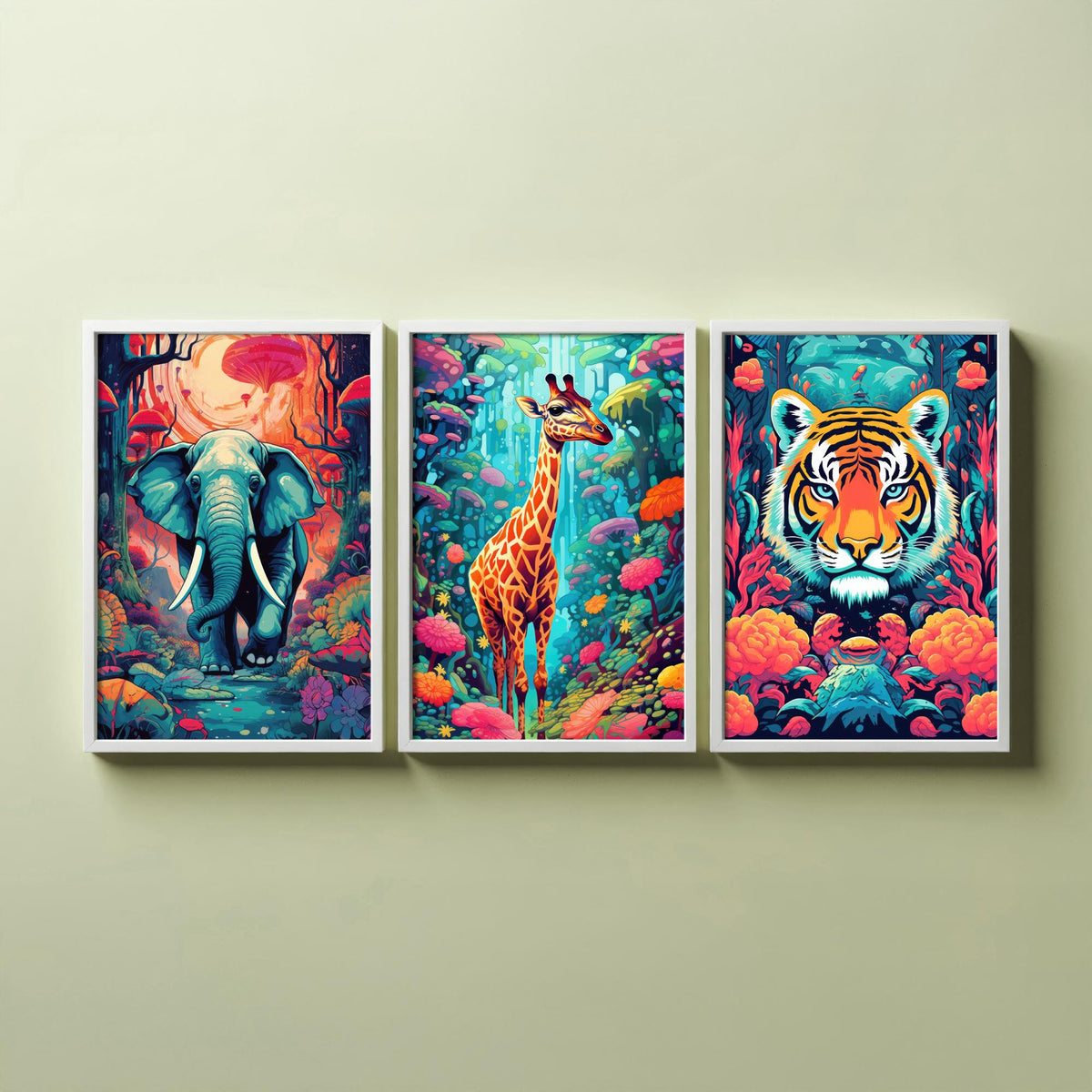 Psychedelic Animals Set of Three Art Prints - Elephant, Giraffe, Tiger - Neon Jungle Pop Poster Illustration