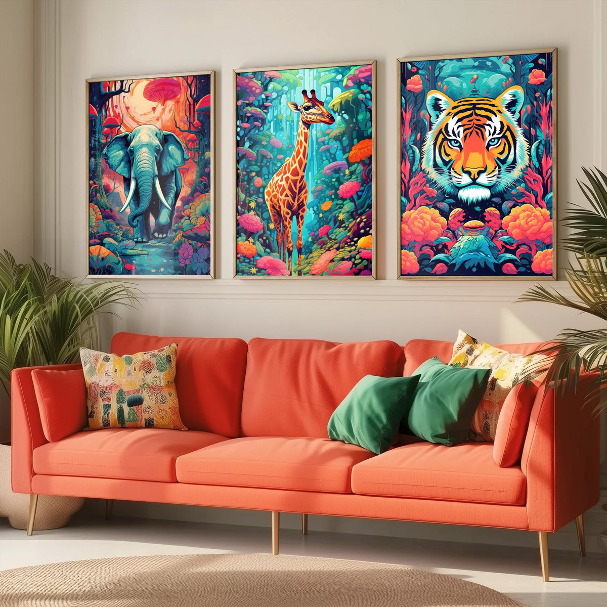 Psychedelic Animals Set of Three Art Prints - Elephant, Giraffe, Tiger - Neon Jungle Pop Poster Illustration