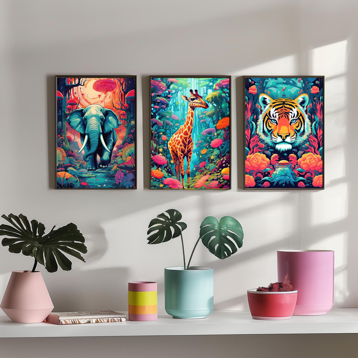 Psychedelic Animals Set of Three Art Prints - Elephant, Giraffe, Tiger - Neon Jungle Pop Poster Illustration