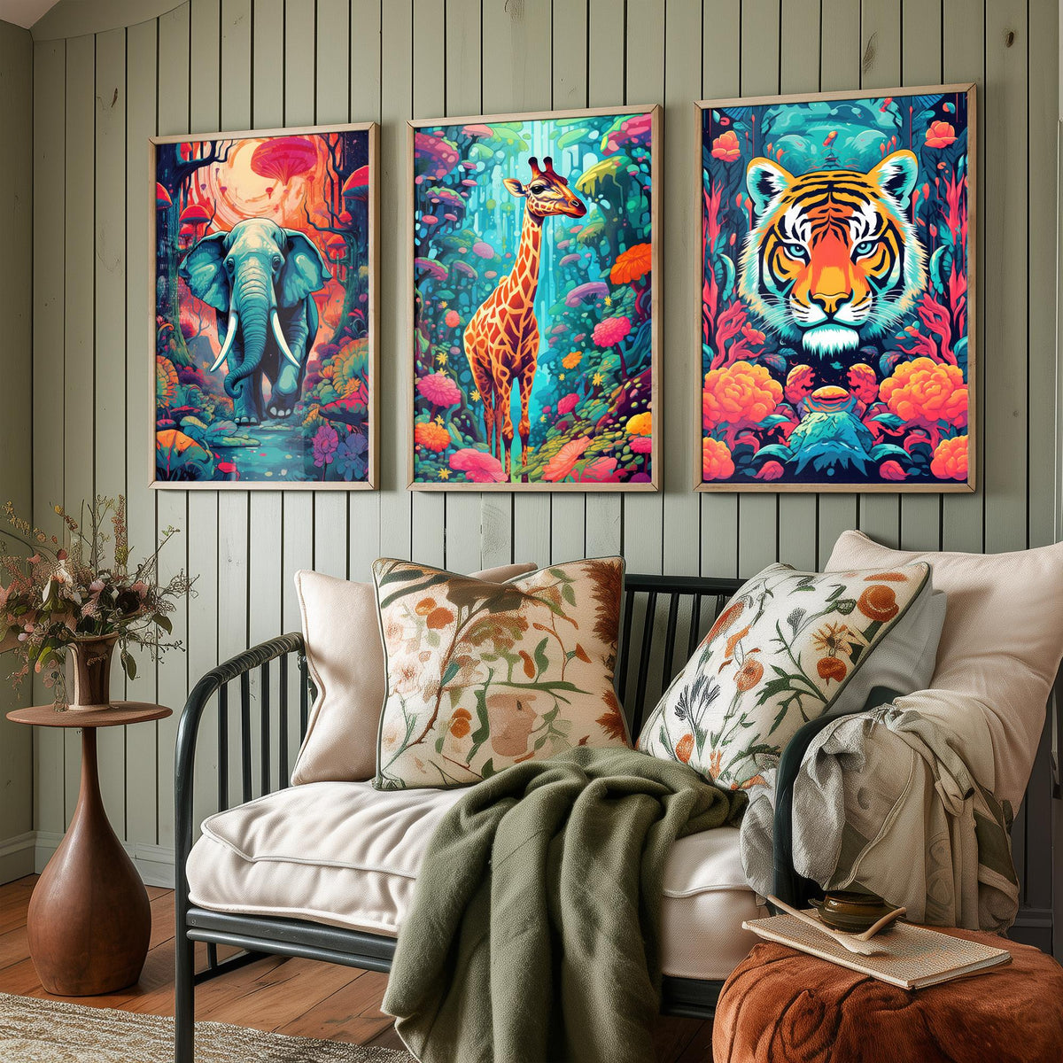 Psychedelic Animals Set of Three Art Prints - Elephant, Giraffe, Tiger - Neon Jungle Pop Poster Illustration