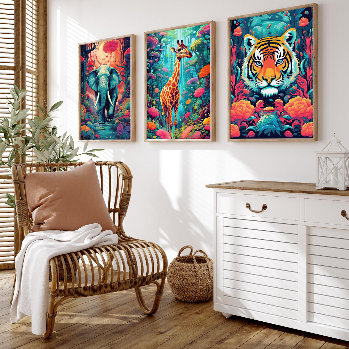 Psychedelic Animals Set of Three Art Prints - Elephant, Giraffe, Tiger - Neon Jungle Pop Poster Illustration