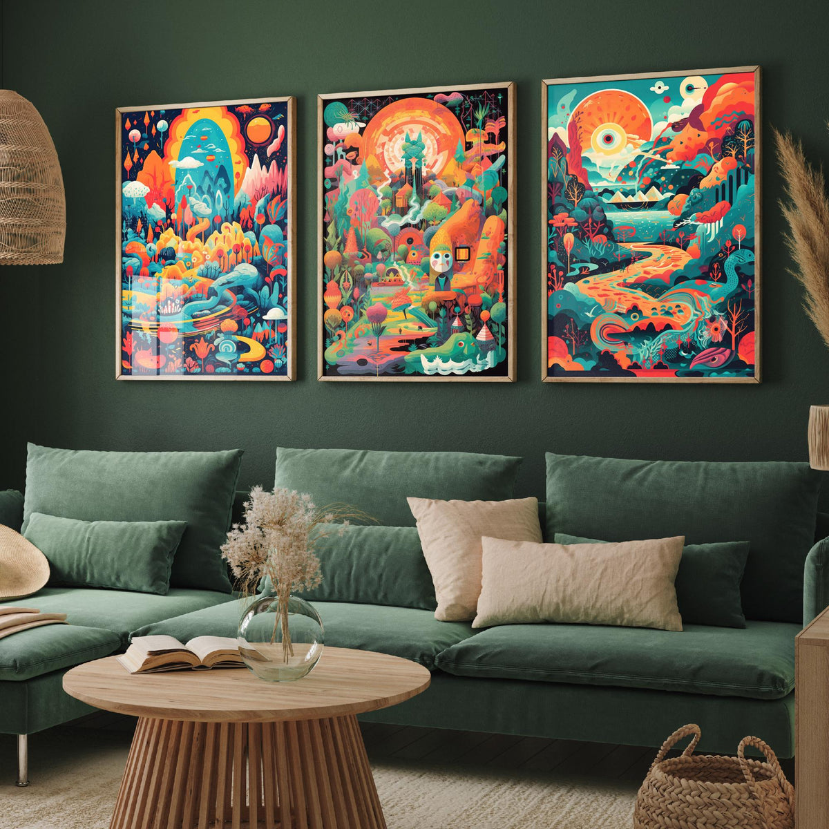 Psychedelic Landscapes Set of Three Art Prints - Surreal Fantasy Worlds - Neon Retro Poster Illustration