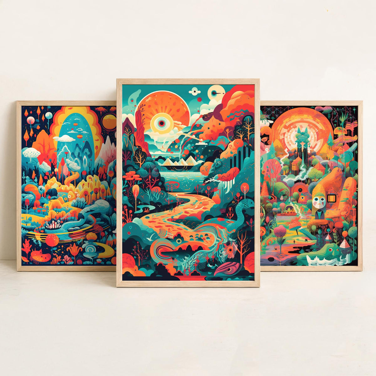 Psychedelic Landscapes Set of Three Art Prints - Surreal Fantasy Worlds - Neon Retro Poster Illustration