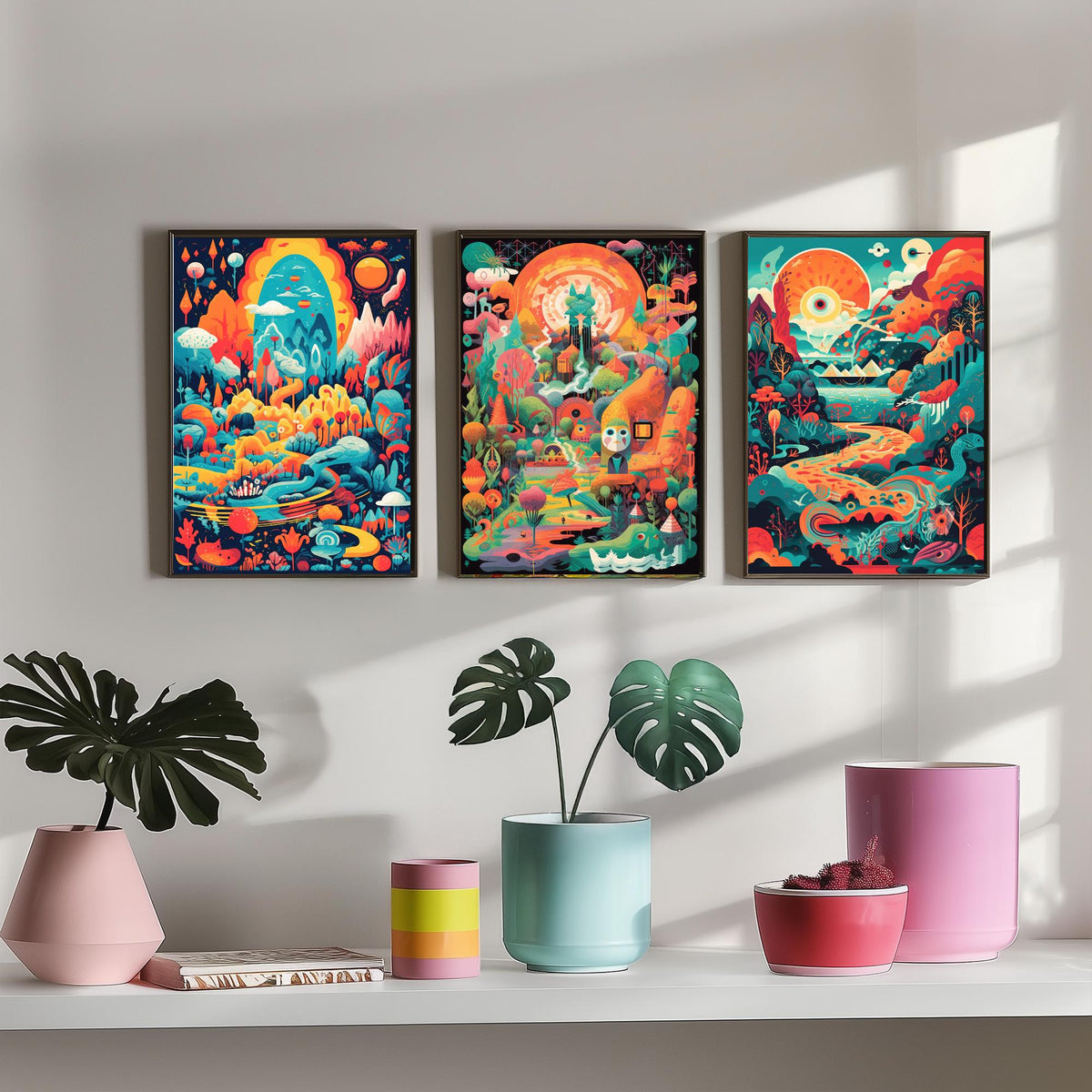 Psychedelic Landscapes Set of Three Art Prints - Surreal Fantasy Worlds - Neon Retro Poster Illustration