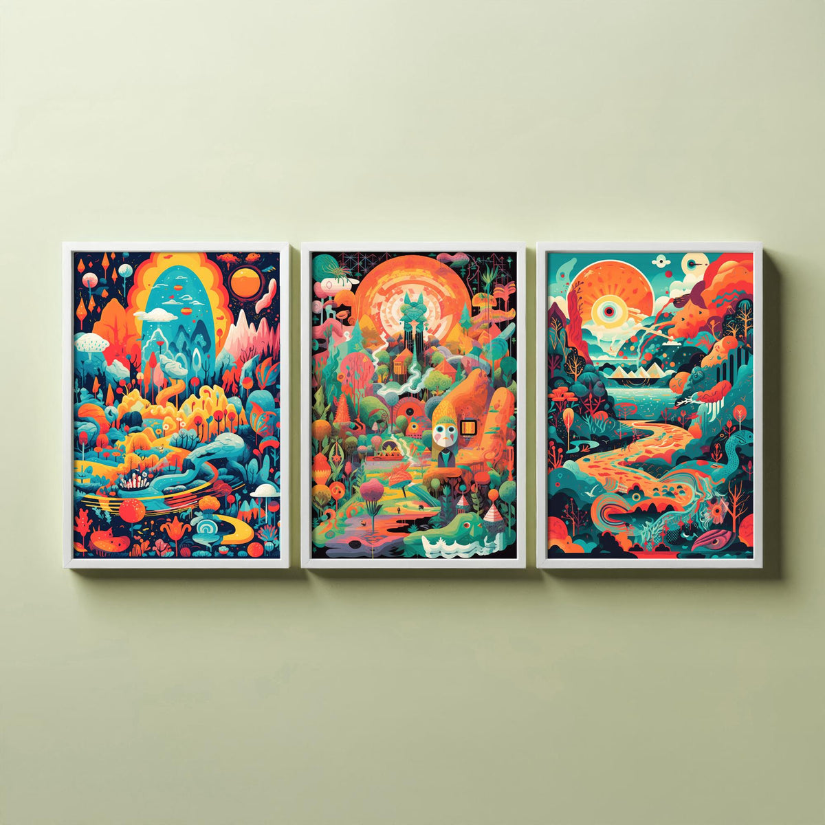 Psychedelic Landscapes Set of Three Art Prints - Surreal Fantasy Worlds - Neon Retro Poster Illustration