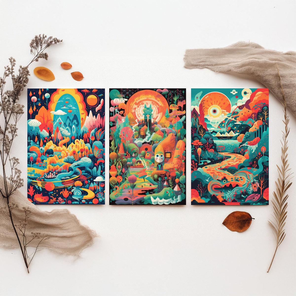 Psychedelic Landscapes Set of Three Art Prints - Surreal Fantasy Worlds - Neon Retro Poster Illustration