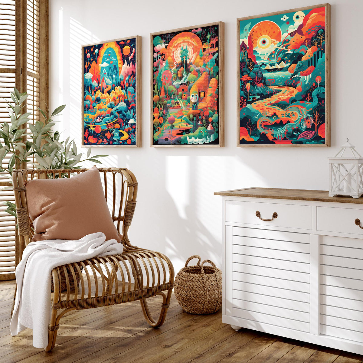 Psychedelic Landscapes Set of Three Art Prints - Surreal Fantasy Worlds - Neon Retro Poster Illustration