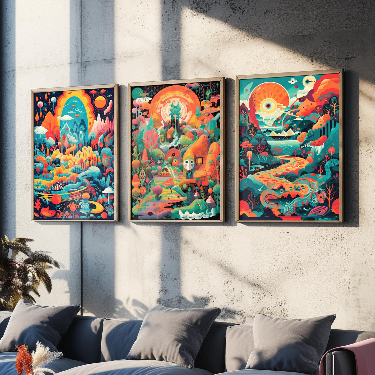 Psychedelic Landscapes Set of Three Art Prints - Surreal Fantasy Worlds - Neon Retro Poster Illustration