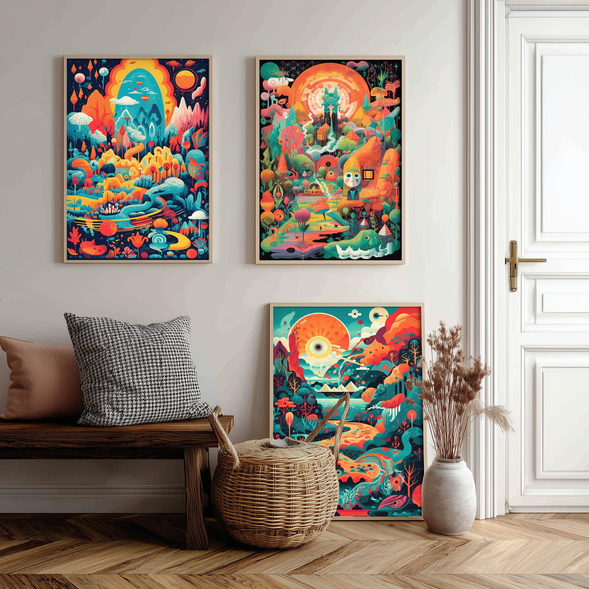 Psychedelic Landscapes Set of Three Art Prints - Surreal Fantasy Worlds - Neon Retro Poster Illustration