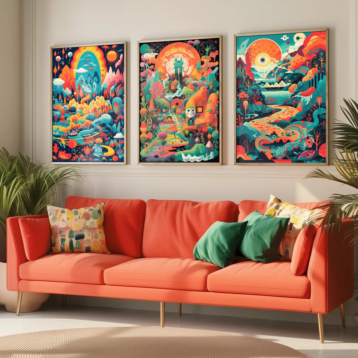 Psychedelic Landscapes Set of Three Art Prints - Surreal Fantasy Worlds - Neon Retro Poster Illustration