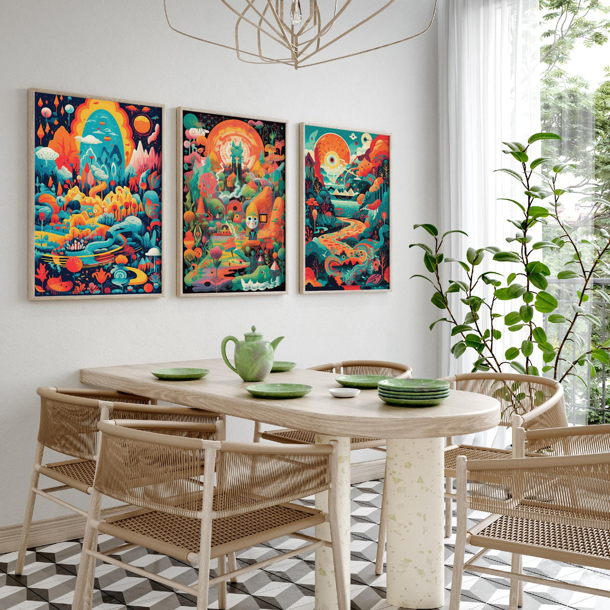 Psychedelic Landscapes Set of Three Art Prints - Surreal Fantasy Worlds - Neon Retro Poster Illustration